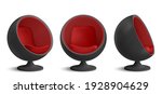 Black and red ball chair, designers furniture for modern stylish house or office interior in front and angle views. Vector realistic mockup of empty egg armchair isolated on white background