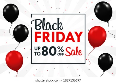 Globos negros y rojos flotando de lado Con caja de texto promocional BlackFriday durante el fin de semana