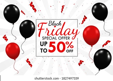 Black and red balloons floating sideways With BlackFriday promotional text box over the weekend