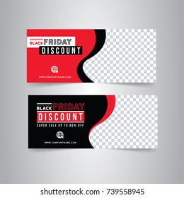 Black and red banner design. Black Friday sale poster. Sale voucher. Gift card. Facebook banner. Vector Illustration