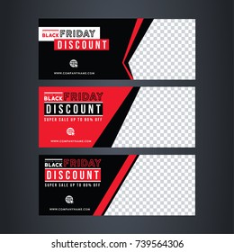 Black and red banner design. Black Friday sale poster. Sale voucher. Gift card. Facebook banner. Vector Illustration