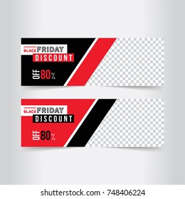 Black and red banner design. Black Friday sale poster. Sale voucher. Gift card. Facebook banner. Vector Illustration