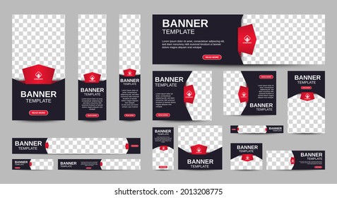 Black and red Banner templates set with standard size for web. Business banner with place for photos for Social Media, Cover ads banner, flyer, invitation card. Vector EPS 10
