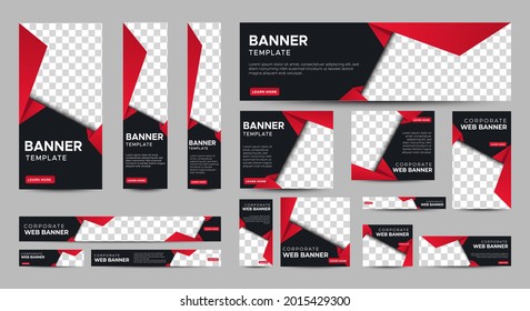 Black and red Banner templates set with standard size for web. Business banner with place for photos for Social Media, Cover ads banner, flyer, invitation card. Vector EPS 10