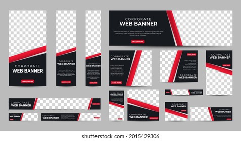 Black and red Banner templates set with standard size for web. Business banner with place for photos for Social Media, Cover ads banner, flyer, invitation card. Vector EPS 10