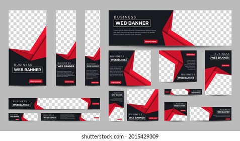 Black and red Banner templates set with standard size for web. Business banner with place for photos for Social Media, Cover ads banner, flyer, invitation card. Vector EPS 10