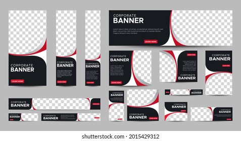 Plantillas de banner negro y rojo con tamaño estándar para web. Banner de negocios con lugar para fotos para medios sociales, banner de anuncios de portada, volante, tarjeta de invitación. EPS vectorial 10