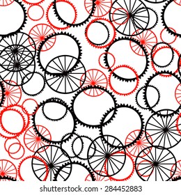 Black and red bicycle wheels on a white background. Seamless.