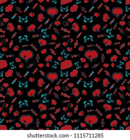 Black, red and blue version. Isolated. Vector illustration. Cute and colorful candy sweet seamless pattern on black, red and blue background.