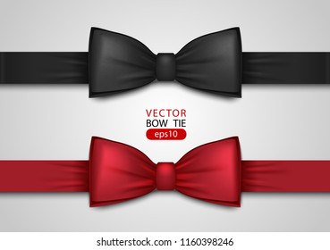 Black And Red Bow Tie, Realistic Vector Illustration, Isolated On White Background. Elegant Silk Neck Bow. Vip Event Accessory.