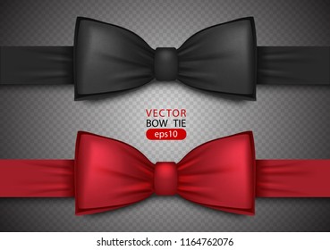 Black and red bow tie, realistic vector illustration, isolated on transparent background. Elegant silk neck bow. Vip event accessory.