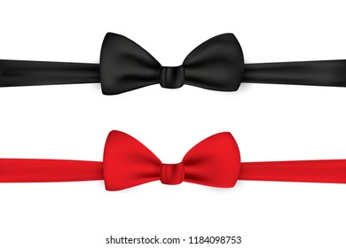 Black and red bow tie, realistic vector illustration, isolated on white background. Elegant neck bow. Accessories for Vip-events.