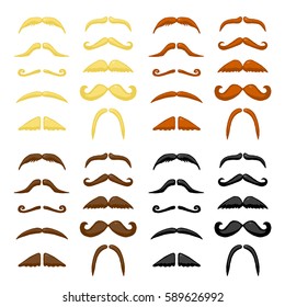 Black, red, brown and blond different types colored mustache. Vector hand drawn illustration