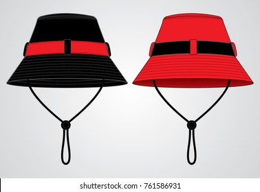 Black and red bucket hat design with cord stopper toggle vector