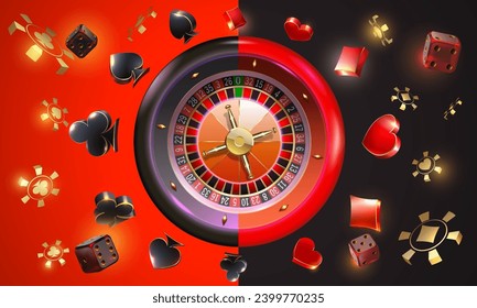 Black and red casino background design with playing cards symbol,  roulette wheel , playing chips  and dices . Vector illustration for casino, game design, flyer, poster, banner, advertising. svg