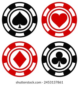 Black and Red Casino Chips with Card Suits icon vector illustration set