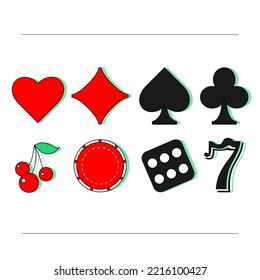 Black and red casino icons, poker club set. Vector illustration, casino elements, symbols, cards, gamble sign