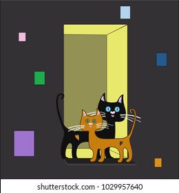 Black and red cat on the background of a window with hearts