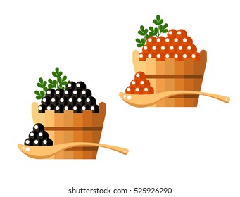 Black and red caviar in a wooden barrel isolated on white background. Roe icon logo vector illustration. Russian traditional snack. Caviare menu for restaurant