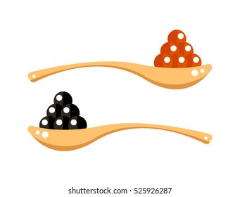 Black and red caviar in wooden spoon isolated on white background. Roe icon vector illustration. Russian traditional snack. Caviare menu for restaurant