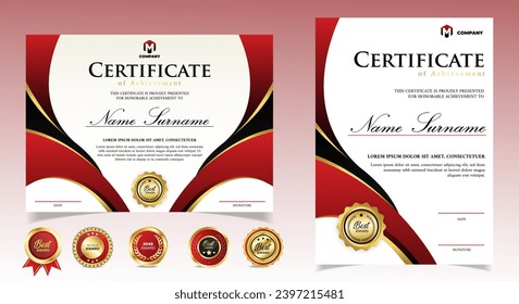 Plantillas de certificado negro y rojo con distintivos. vector