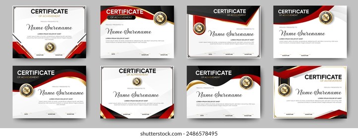 Diseño de Plantilla de certificados negros y rojos. ocho certificados de diploma Horizontal. Vector