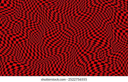 Black and red checkered pattern. Chessboard warped surface with distortion. Wavy distorted geometric graphic background. Abstract design for banner. Awry chess square pattern. Vector illustration
