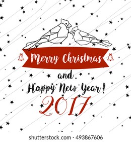 black and red christmas card with snow and bird, greeting card