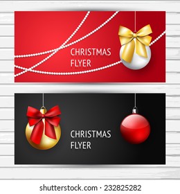 Black and red Christmas flyer set with decoration golden and red balls and bows; vector banner  template 