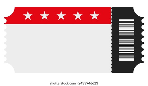 Black and red cinema ticket with perforation and barcode. Flat vector illustration isolated on white background.