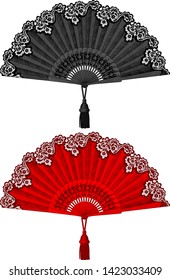 Black and red classic open fans. Vintage color engraving stylized drawing isolated on white. Vector illustration