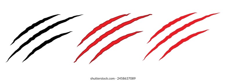 Black and red claw scratches. Bear tiger claws trails, animal scratched white paper. Lion or dinosaur flat scratch marks, Eps10.