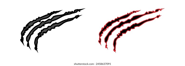Black and red claw scratches. Bear tiger claws trails, animal scratched white paper. Lion or dinosaur flat scratch marks, Eps10.