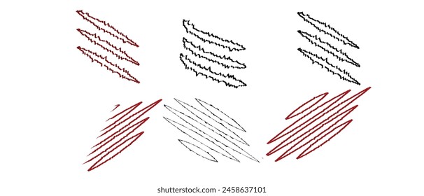 Black and red claw scratches. Bear tiger claws trails, animal scratched white paper. Lion or dinosaur flat scratch marks, Eps10.