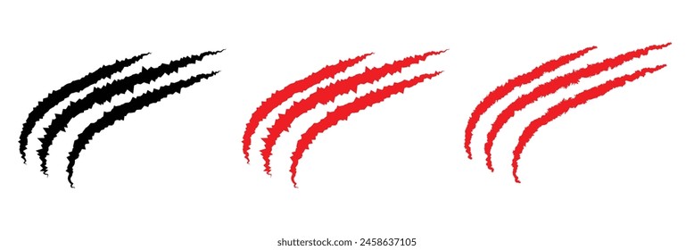 Black and red claw scratches. Bear tiger claws trails, animal scratched white paper. Lion or dinosaur flat scratch marks, Eps10.