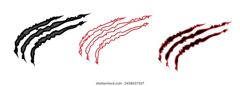 Black and red claw scratches. Bear tiger claws trails, animal scratched white paper. Lion or dinosaur flat scratch marks, Eps10.