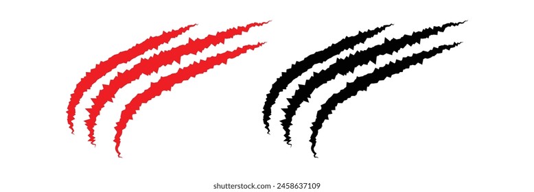 Black and red claw scratches. Bear tiger claws trails, animal scratched white paper. Lion or dinosaur flat scratch marks, Eps10.