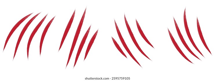 Black, Red claw scratches. Bear tiger claws trails, animal scratched white paper. Lion  flat scratch marks 