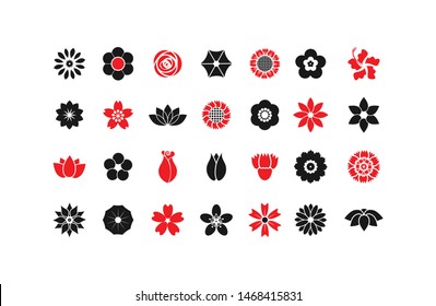 black and red color flower icons set on white background. Template for app, sticker, label, tag and logo. Creative art concept, vector illustration

