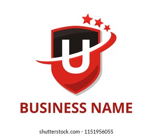 black and red color shield get slice into half logo graphic design with modern clean style for protection or security company with initial type letter u on it
