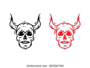 Black and red color of skull head with horn illustration drawing design