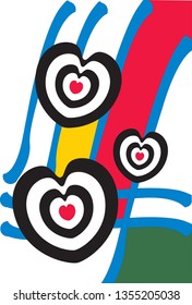 Black and Red Concentric Hearts on Blue Crosshatch Pattern with Yellow, Red and Green Color Blocks