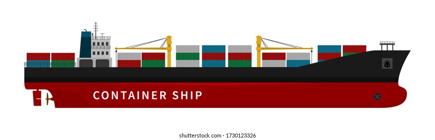Black red container ship isolated on white background. Cargo with cranes, goods, import export transport industry. Vector illustration of nautical vessel floating in the ocean. Cheap delivery option