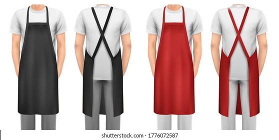 Black and red cotton kitchen apron set. Design template, mock up for branding, advertising etc. Vector illustration. 