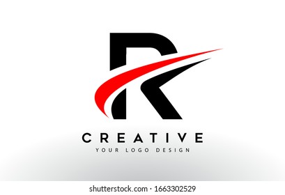 Black And Red Creative R Letter Logo Design with Swoosh Icon Vector Illustration.