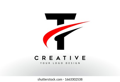 Black And Red Creative T Letter Logo Design with Swoosh Icon Vector Illustration.