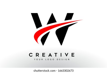 Black And Red Creative W Letter Logo Design with Swoosh Icon Vector Illustration.