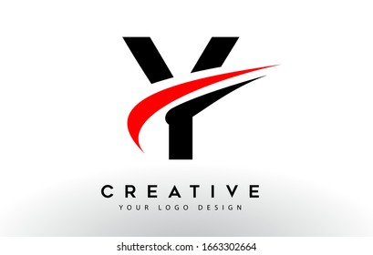 Black And Red Creative Y Letter Logo Design with Swoosh Icon Vector Illustration.