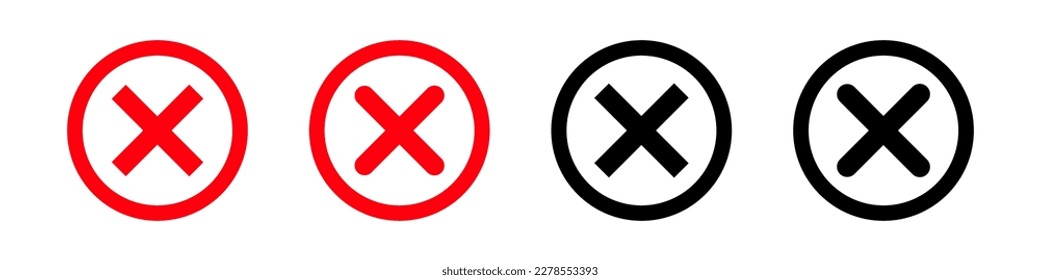 Black and red cross vector illustration set. Negativ sign. Checklist mark icon.