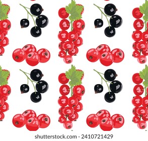 Black and red currant isolated on white background. Seamless pattern in vector. Suitable for backgrounds and prints.